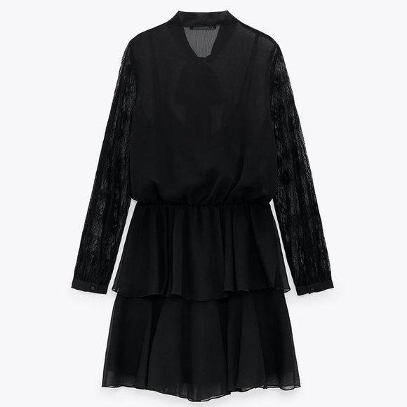 NEW Zara Black Lace Bow Neck Ruffled Mini Dress - Picture 7 of 11